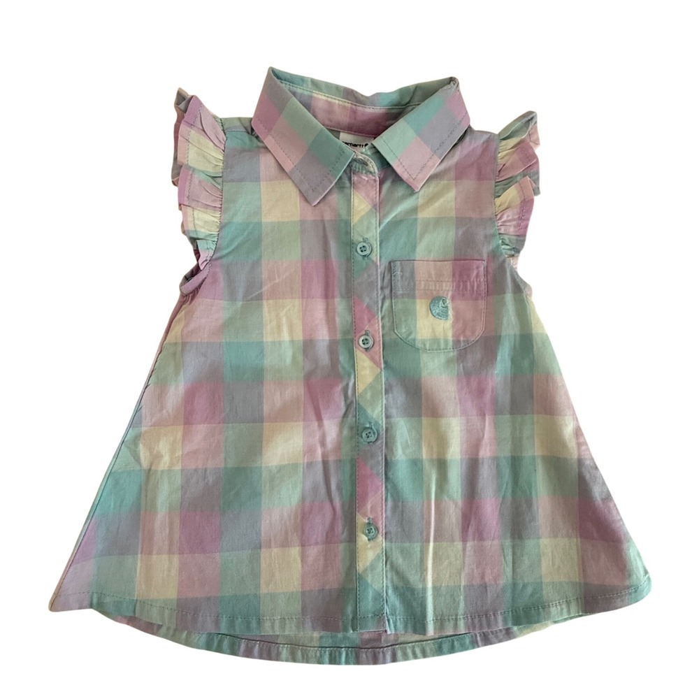 Carhartt Baby Girls Pastel Plaid Sleeveless Ruffle Button Down Shirt 12M 0621